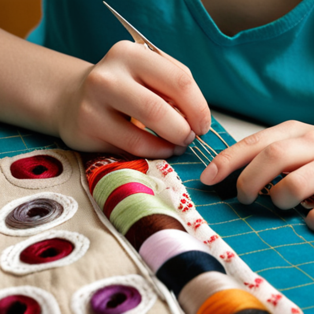 ** A student diligently practicing basic sewing techniques on fabric scraps. Focus on the student's concentration and the close-up detail of their stitching. Include sewing tools like scissors, needles, and thread spools.

**