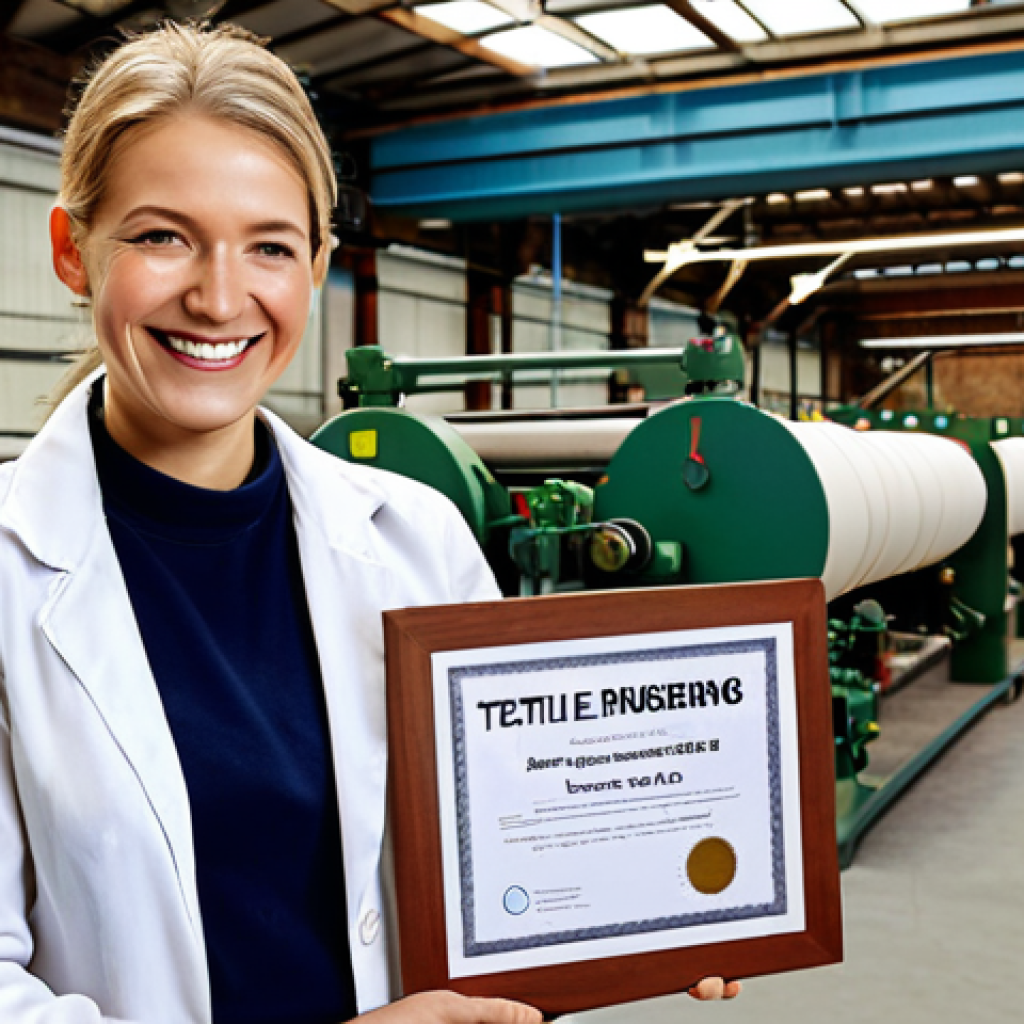 ** A textile engineer proudly holding a textile engineering certificate, smiling confidently. The setting is a modern textile mill or a professional conference.

**