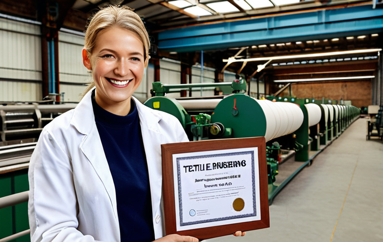 ** A textile engineer proudly holding a textile engineering certificate, smiling confidently. The setting is a modern textile mill or a professional conference.

**