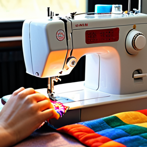 Home 25 **A student confidently operating a sewing machine with colorful fabrics surrounding them, showcasing various stitching techniques.** (Focus: skill, confidence, and colorful textiles)