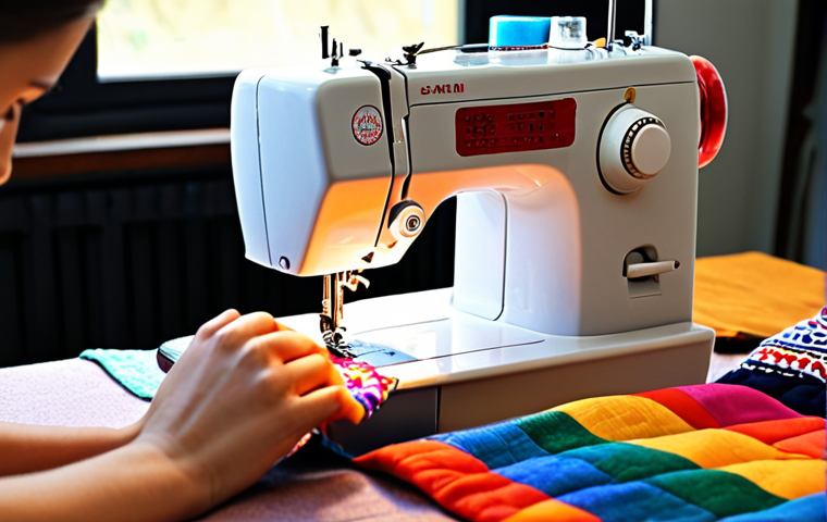 **A student confidently operating a sewing machine with colorful fabrics surrounding them, showcasing various stitching techniques.** (Focus: skill, confidence, and colorful textiles)