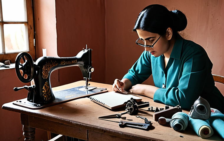 **
A textile engineer deeply engrossed in dismantling a vintage sewing machine at home, surrounded by tools and a detailed notebook. The scene should evoke a sense of passionate learning and hands-on problem-solving, reflecting the 'Bedah Siasat' (surgical investigation) approach mentioned in the text. The atmosphere should be warm and inviting, like a home workshop.
**