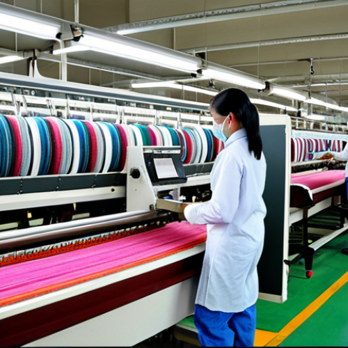 Home 23 **
"A bustling textile factory floor, highlighting diverse workers operating modern digital textile testing equipment alongside traditional looms. Focus on quality control and global standard compliance with ISO and ASTM certificates visible."
**