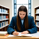 A diligent textile engineering student, fully clothed in modest, appropriate attire, deeply focused on studying at a contemporary, well-organized desk within a brightly lit university library. The desk features open textbooks on textile science, detailed notes with hand-drawn diagrams of textile processes, and an assortment of fabric swatches. The background subtly displays towering bookshelves, emphasizing an academic atmosphere. safe for work, appropriate content, fully clothed, professional dress, perfect anatomy, correct proportions, natural pose, well-formed hands, proper finger count, natural body proportions, high-quality, professional photography.