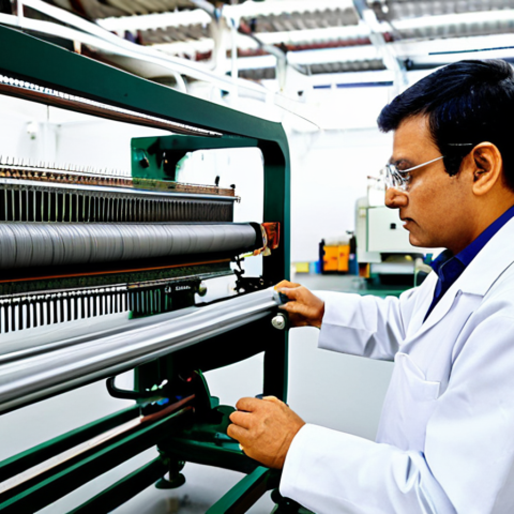 A professional textile engineer, fully clothed in a modest lab coat over a collared shirt and trousers, is intently examining a large industrial weaving loom on a brightly lit, clean factory floor. The engineer's expression shows deep concentration as they troubleshoot a potential issue or perform a quality check, holding a small tool or piece of fabric. The background features other textile machinery in operation, conveying a sense of practical, hands-on work. This image emphasizes professional expertise and a natural pose, with perfect anatomy, correct proportions, well-formed hands, proper finger count, and natural body proportions. The scene is safe for work, appropriate content, and fully clothed, embodying a professional and family-friendly environment.