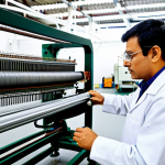 A professional textile engineer, fully clothed in a modest lab coat over a collared shirt and trousers, is intently examining a large industrial weaving loom on a brightly lit, clean factory floor. The engineer's expression shows deep concentration as they troubleshoot a potential issue or perform a quality check, holding a small tool or piece of fabric. The background features other textile machinery in operation, conveying a sense of practical, hands-on work. This image emphasizes professional expertise and a natural pose, with perfect anatomy, correct proportions, well-formed hands, proper finger count, and natural body proportions. The scene is safe for work, appropriate content, and fully clothed, embodying a professional and family-friendly environment.