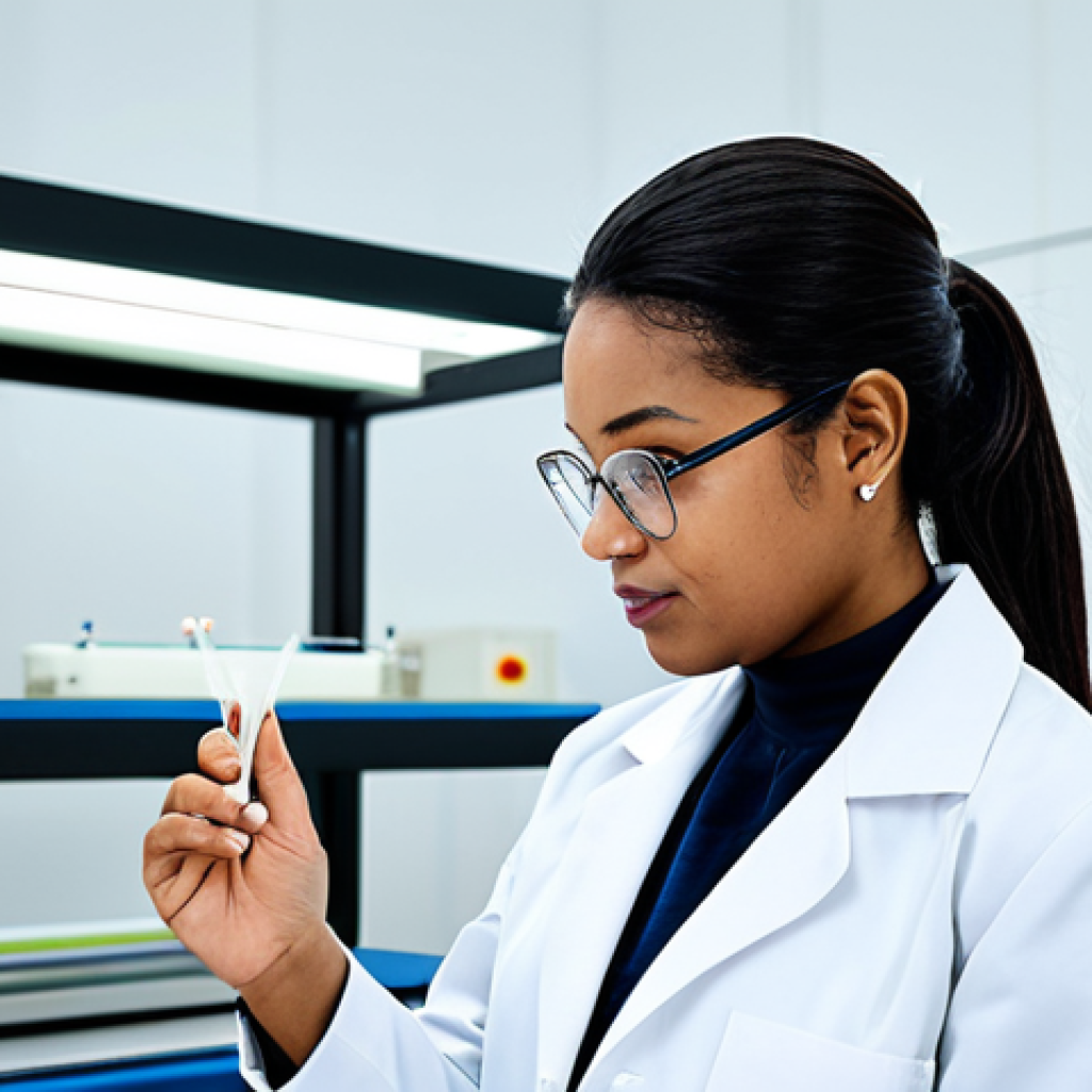 A focused female textile engineer of diverse ethnicity, wearing a pristine lab coat over modest professional attire, diligently examining an innovative piece of sustainable fabric. She stands in a bright, clean, state-of-the-art textile research laboratory with modern, eco-friendly equipment and subtle green accents in the background, symbolizing sustainability. The atmosphere is one of technological advancement and environmental responsibility. Professional photography, soft lighting, high detail, perfect anatomy, correct proportions, natural pose, well-formed hands, proper finger count, natural body proportions, safe for work, appropriate content, fully clothed, modest clothing, professional.