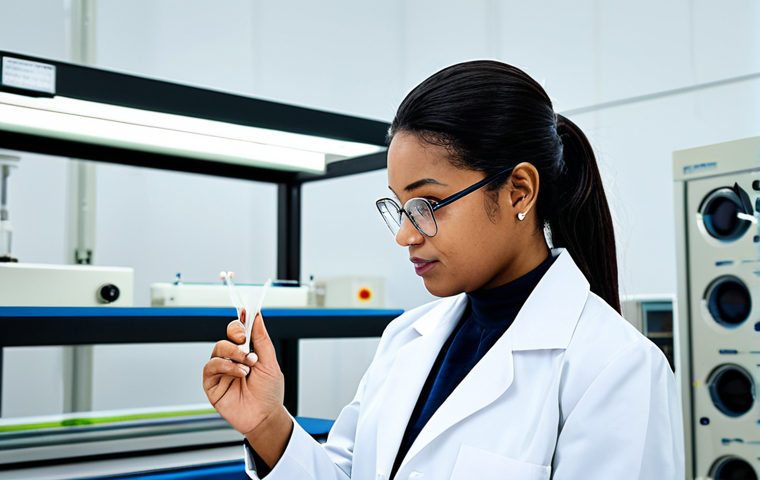 A focused female textile engineer of diverse ethnicity, wearing a pristine lab coat over modest professional attire, diligently examining an innovative piece of sustainable fabric. She stands in a bright, clean, state-of-the-art textile research laboratory with modern, eco-friendly equipment and subtle green accents in the background, symbolizing sustainability. The atmosphere is one of technological advancement and environmental responsibility. Professional photography, soft lighting, high detail, perfect anatomy, correct proportions, natural pose, well-formed hands, proper finger count, natural body proportions, safe for work, appropriate content, fully clothed, modest clothing, professional.