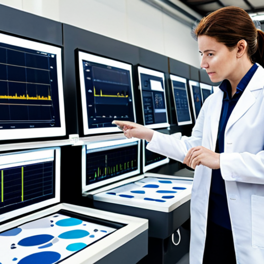 A professional female textile engineer, fully clothed in a modest lab coat over professional attire, standing confidently in a modern, high-tech textile factory. She is looking at a large digital screen displaying complex data analytics and IoT sensor readouts from advanced textile machinery. Automated robotic arms are visible in the background, carefully handling fabric rolls. The factory is clean, well-lit, and showcases cutting-edge technology. Perfect anatomy, correct proportions, natural pose, well-formed hands, proper finger count, natural body proportions, professional photography, high detail, realistic, safe for work, appropriate content, professional, family-friendly.