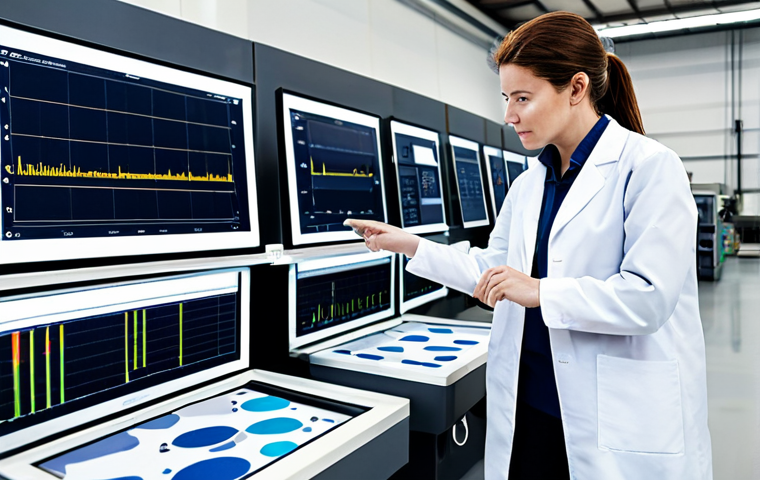 A professional female textile engineer, fully clothed in a modest lab coat over professional attire, standing confidently in a modern, high-tech textile factory. She is looking at a large digital screen displaying complex data analytics and IoT sensor readouts from advanced textile machinery. Automated robotic arms are visible in the background, carefully handling fabric rolls. The factory is clean, well-lit, and showcases cutting-edge technology. Perfect anatomy, correct proportions, natural pose, well-formed hands, proper finger count, natural body proportions, professional photography, high detail, realistic, safe for work, appropriate content, professional, family-friendly.