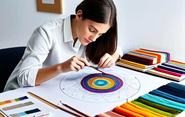 **

"A textile designer in a brightly lit studio, examining a new fabric sample under a magnifying glass, fully clothed in modest attire, surrounded by colorful threads and design sketches, appropriate content, perfect anatomy, well-formed hands, natural pose, professional setting, family-friendly, high quality."

**