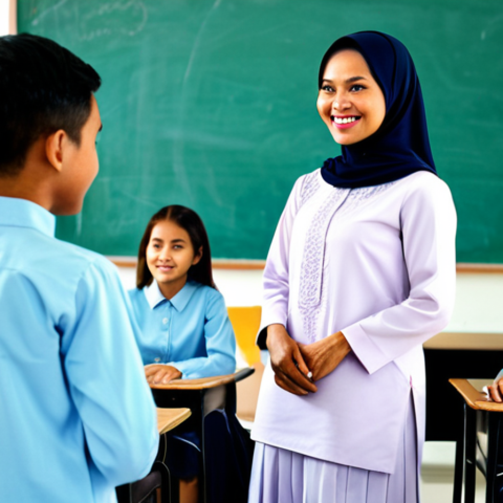 **

A Malaysian teacher in a modest baju kurung, standing in a brightly lit classroom, interacting with students, fully clothed, appropriate attire, safe for work, perfect anatomy, natural proportions, professional photograph, high quality.

**