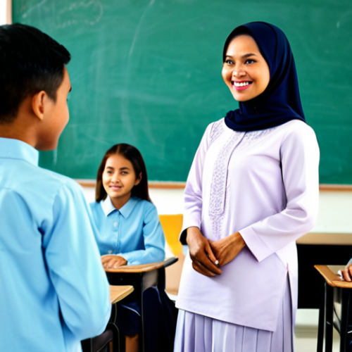 **

A Malaysian teacher in a modest baju kurung, standing in a brightly lit classroom, interacting with students, fully clothed, appropriate attire, safe for work, perfect anatomy, natural proportions, professional photograph, high quality.

**