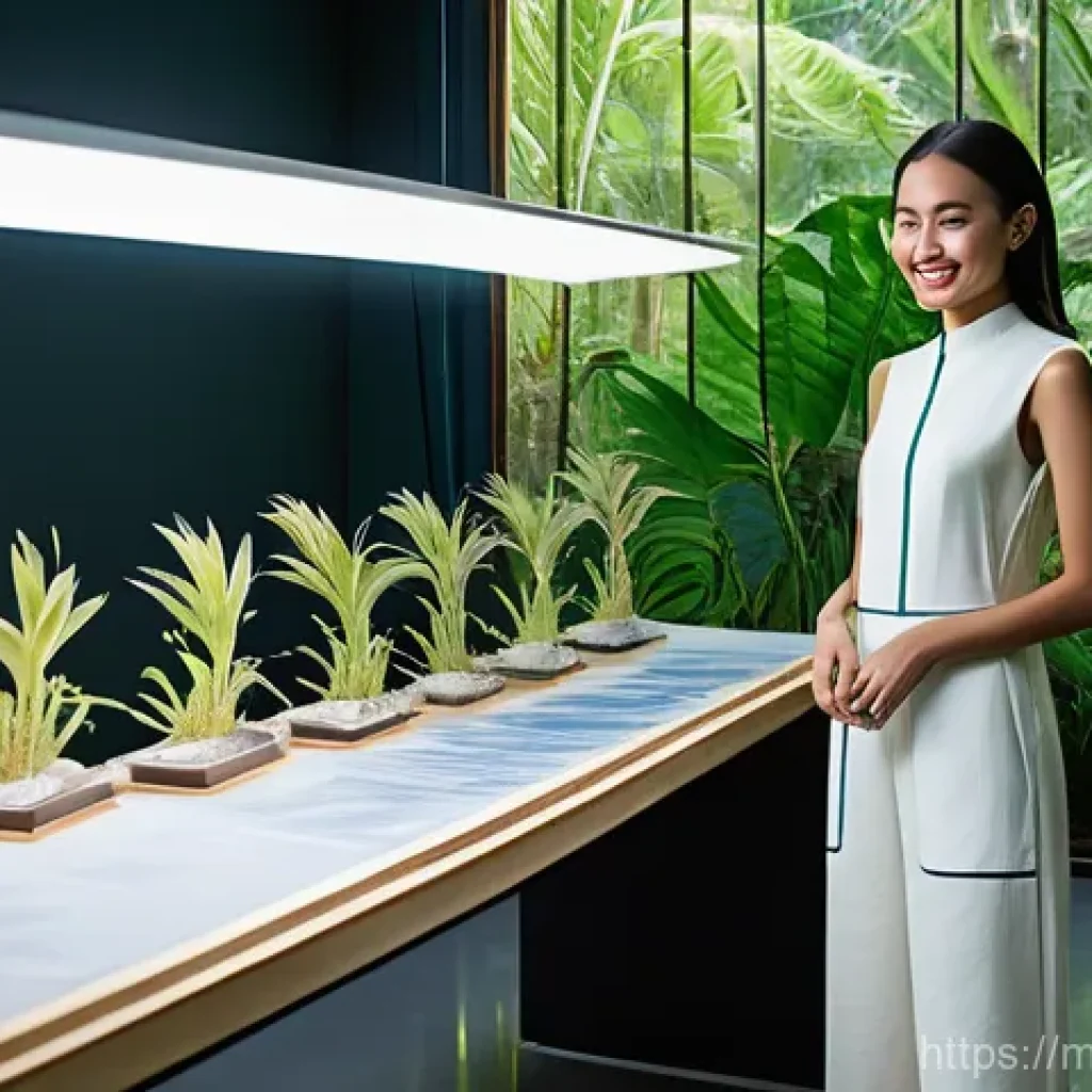 섬유기사와 패션 엔지니어링 - **Prompt 1: Sustainable Future Fashion in a Tropical Lab**
    "An elegant Malaysian female model, a...