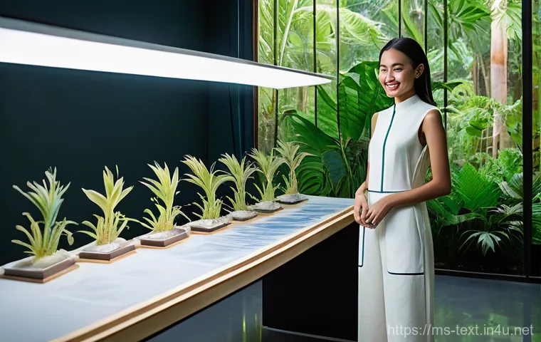 섬유기사와 패션 엔지니어링 - **Prompt 1: Sustainable Future Fashion in a Tropical Lab**
    "An elegant Malaysian female model, a...