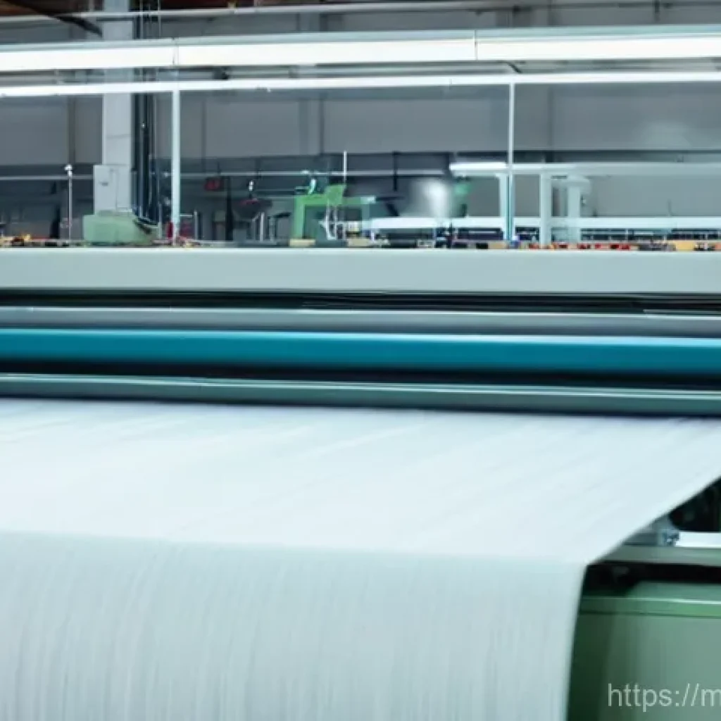 섬유기사 필기 과목별 요점 - **Prompt:** A clean and brightly lit modern textile factory floor, showcasing the journey from raw f...