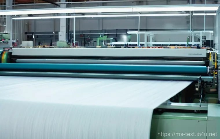 섬유기사 필기 과목별 요점 - **Prompt:** A clean and brightly lit modern textile factory floor, showcasing the journey from raw f...