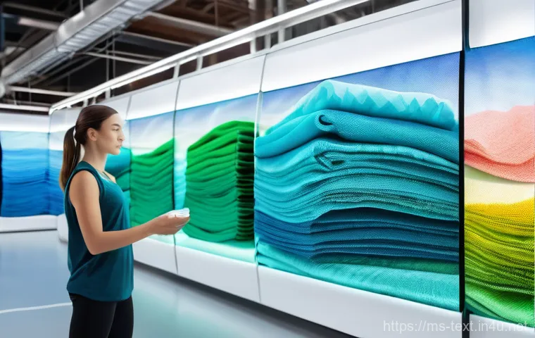 섬유기사 필기 과목별 요점 - **Prompt:** A clean and brightly lit modern textile factory floor, showcasing the journey from raw f...