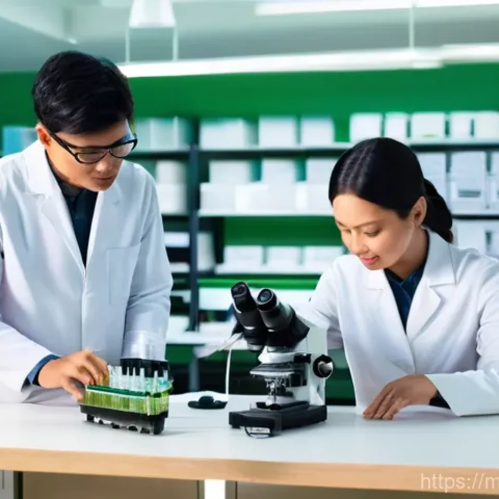 섬유기사 필기 과목의 중요성 - **Image Prompt: Sustainable Textile Innovation in a Malaysian Lab**
    "A brightly lit, modern text...