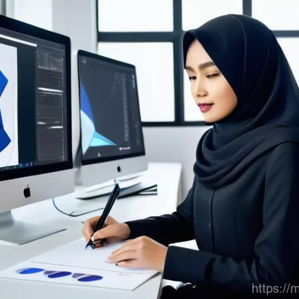 섬유기사와 CAD 활용 - **Prompt 1: "A stylish young Malaysian fashion designer, female, in her mid-20s, with a modern hijab...
