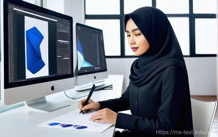 섬유기사와 CAD 활용 - **Prompt 1: "A stylish young Malaysian fashion designer, female, in her mid-20s, with a modern hijab...
