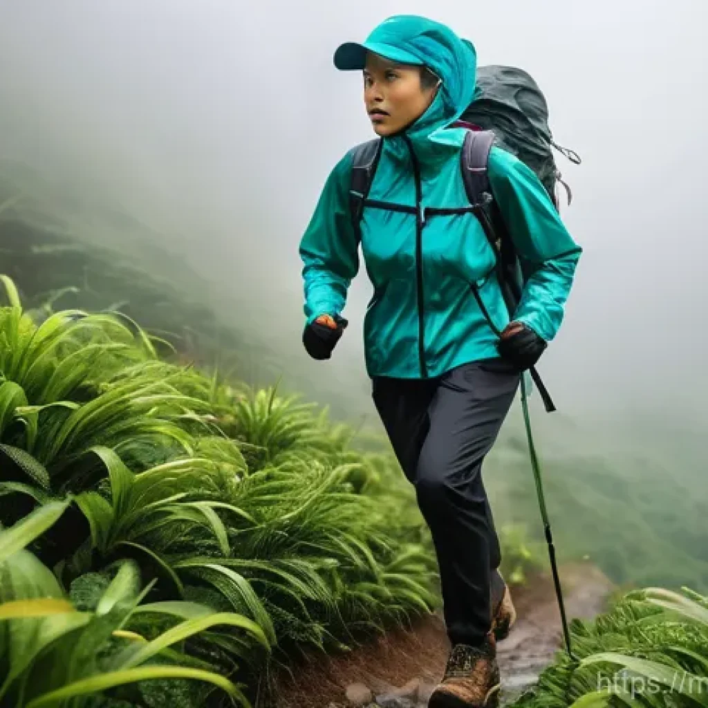 섬유기사와 패션 산업 혁신 - **Prompt:** A dynamic, realistic full-body shot of a Malaysian female hiker, mid-stride on a misty m...