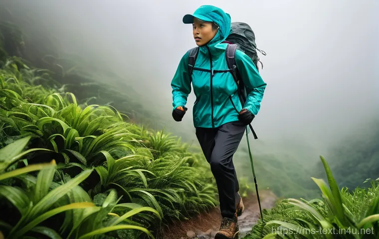 섬유기사와 패션 산업 혁신 - **Prompt:** A dynamic, realistic full-body shot of a Malaysian female hiker, mid-stride on a misty m...