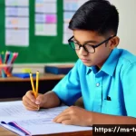 섬유기사 시험 중 실수 방지법 - A focused Malay student in a bright, modern classroom setting, carefully reading a textile exam pape...