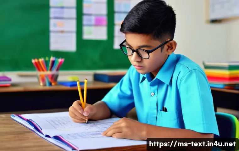 섬유기사 시험 중 실수 방지법 - A focused Malay student in a bright, modern classroom setting, carefully reading a textile exam pape...