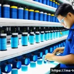 섬유기사로 진출 가능한 회사 - A Malaysian textile factory interior showing a skilled textile technician in blue work overalls and ...