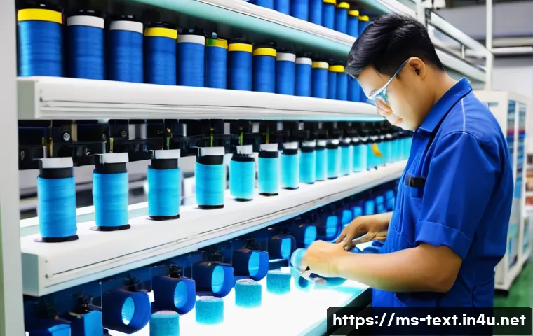 섬유기사로 진출 가능한 회사 - A Malaysian textile factory interior showing a skilled textile technician in blue work overalls and ...
