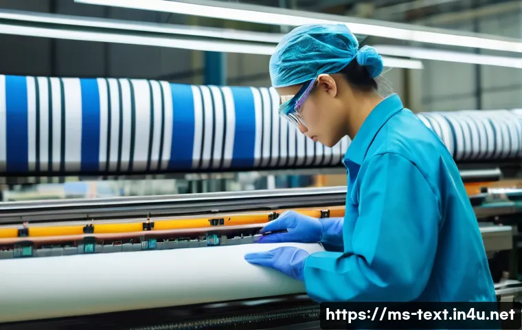 섬유기사 자격증 취득 후의 진로 - A professional textile factory scene in Malaysia, showing a skilled textile technician operating adv...