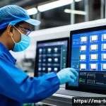 섬유기사 실무용 소프트웨어 - A modern textile factory in Malaysia with technicians monitoring multiple textile machines through a...