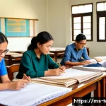 섬유기사와 시험 대비 연구 - A detailed classroom scene in Malaysia featuring a diverse group of young textile students attentive...